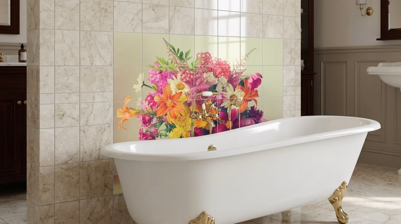 Wildflower Bouquet Still Life tile mural shown in a room setting