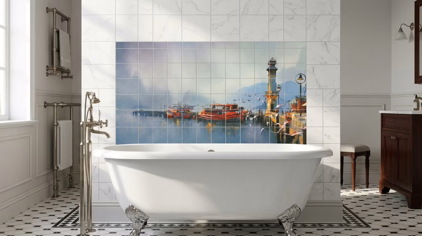 Misty Harbour with Lighthouse Painting tile mural shown in a room setting