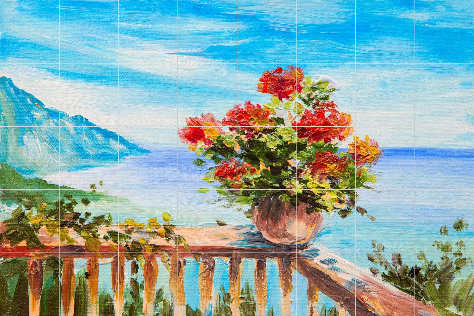 Ceramic tile mural of Coastal Terrace Flowers Painting