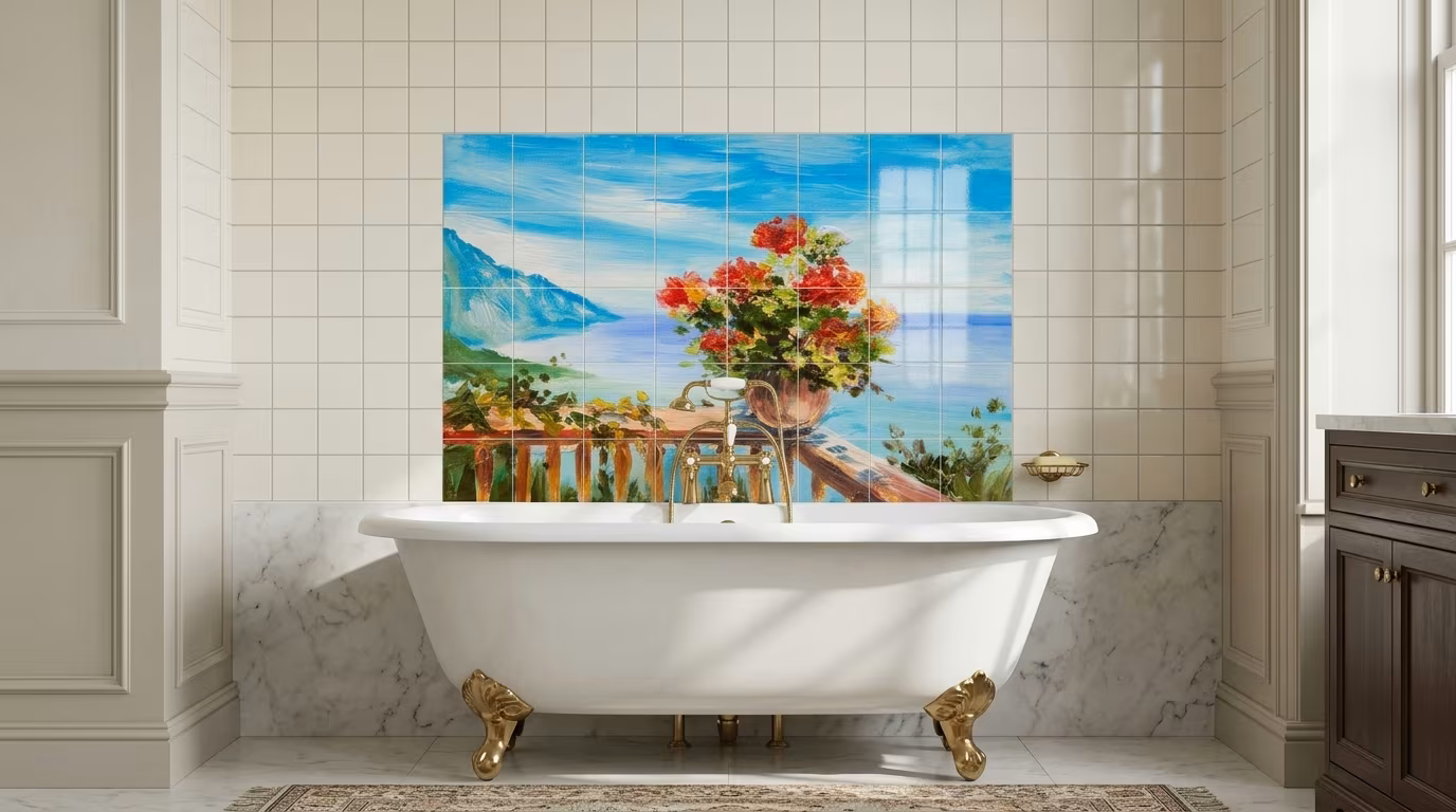 Coastal Terrace Flowers Painting tile mural shown in a room setting