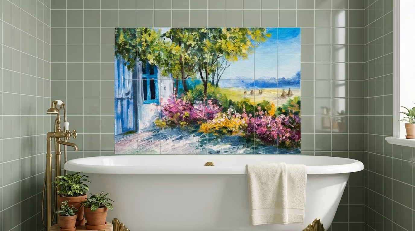 Blue Cottage Flower Garden Painting - Tile Mural - Image 2