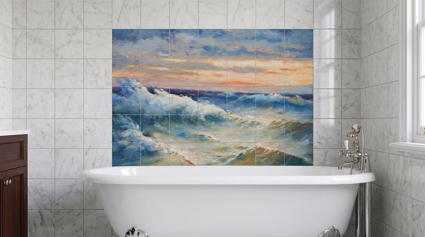 Ocean Waves Oil Painting tile mural shown in a room setting