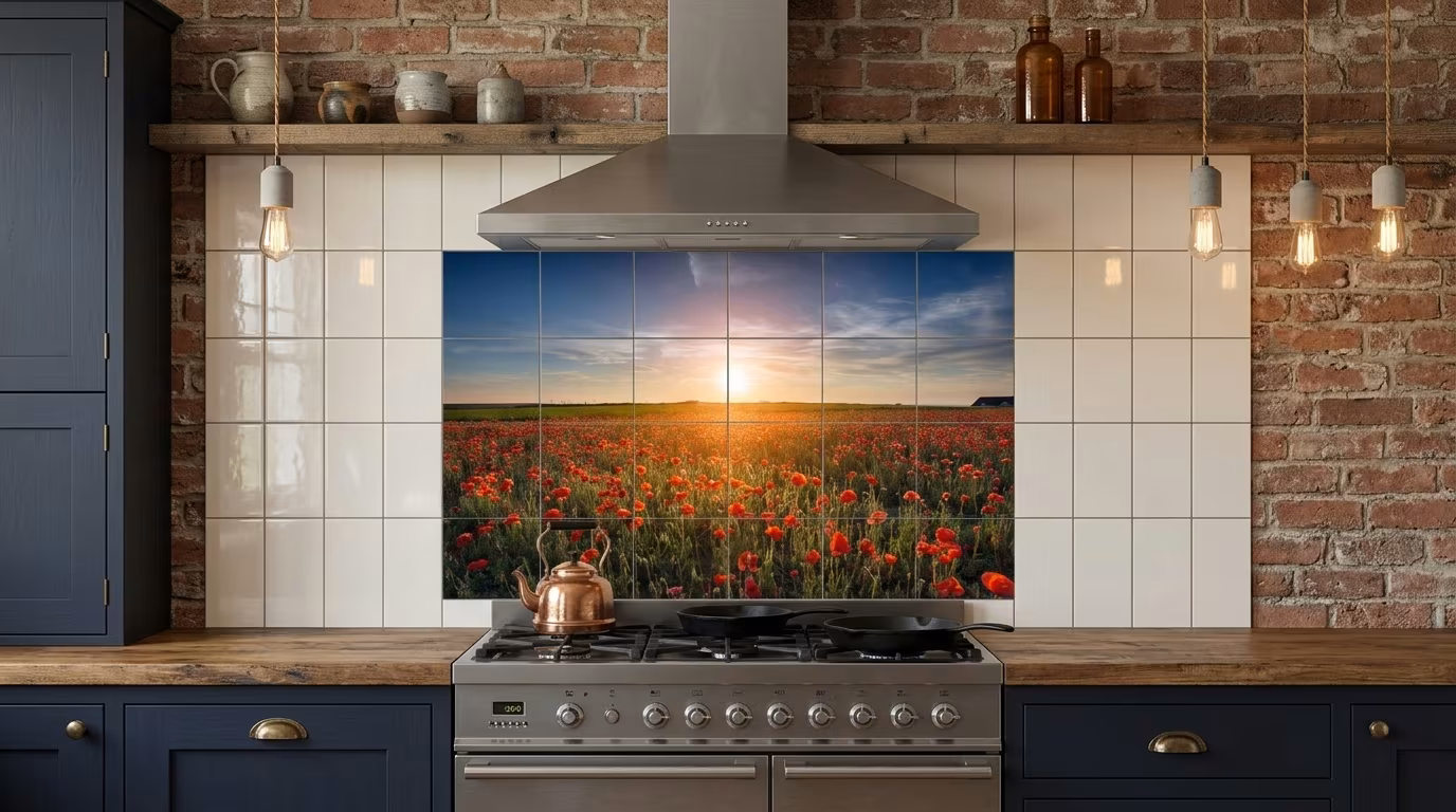 Red Poppy Field at Sunrise - Tile Mural - Image 2