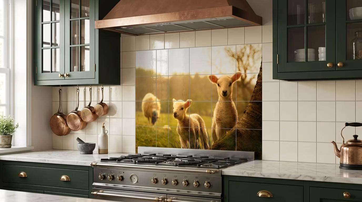 Sheep with Lambs in Field - Tile Mural - Image 2