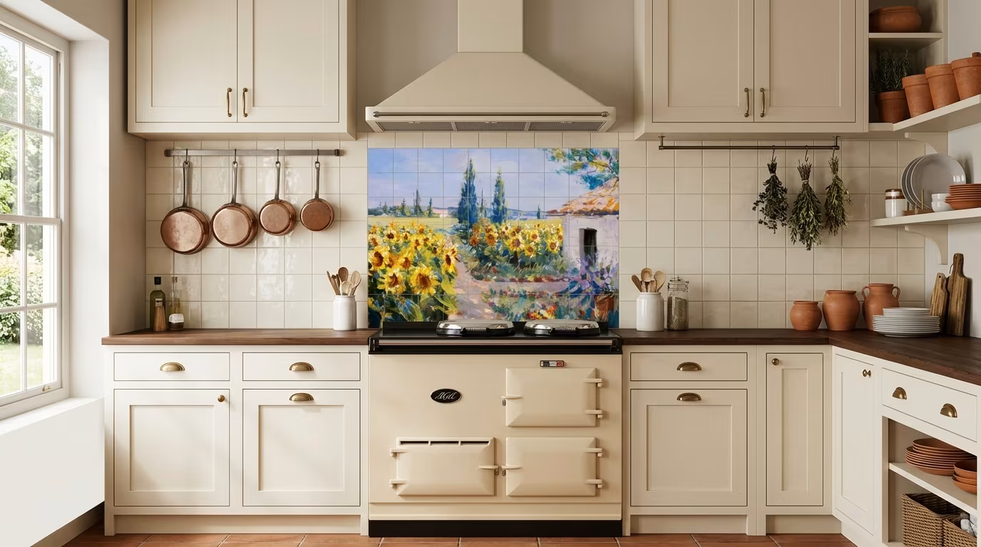 Sunflower Field Cottage Painting - Tile Mural - Image 2