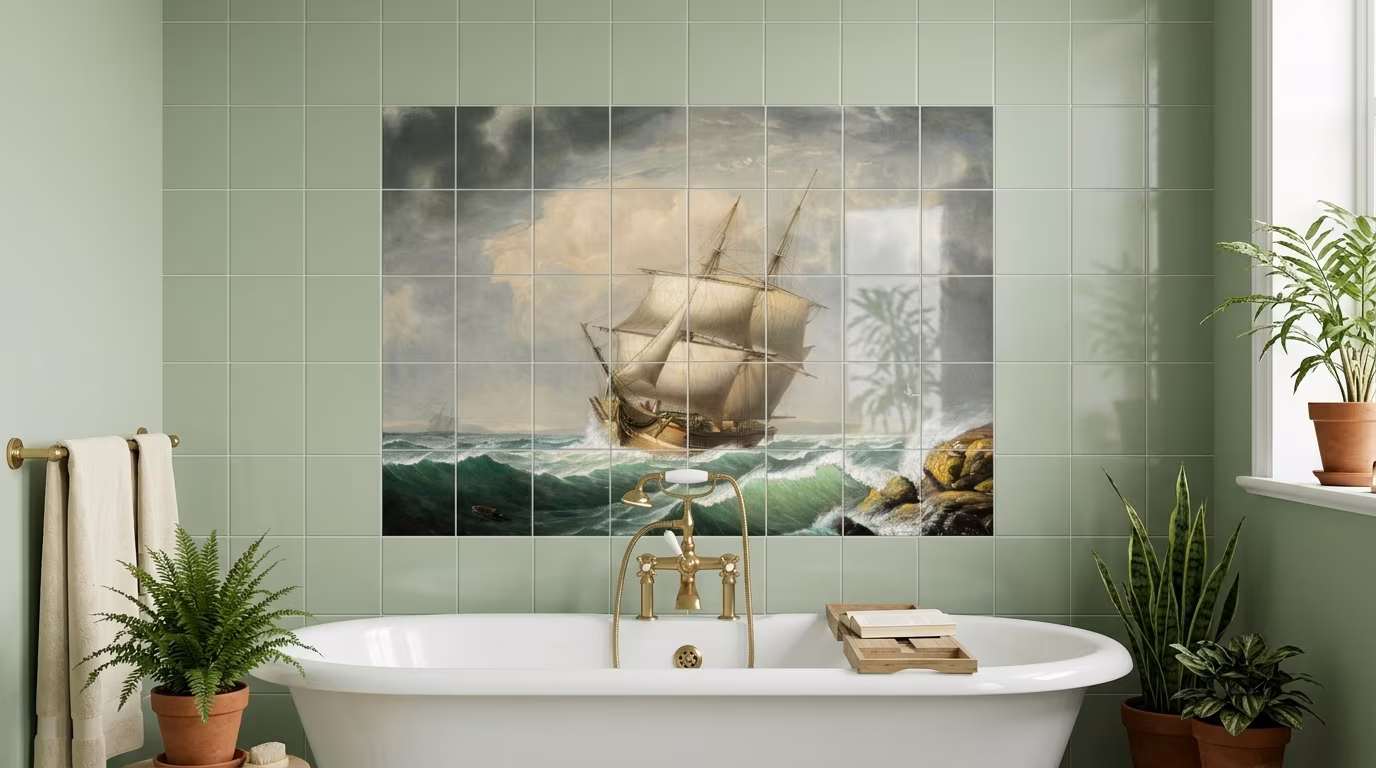 Brig Off the Maine Coast by Fitz Henry Lane tile mural