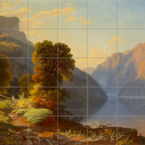 Ceramic tile mural of A View of a Lake in the Mountains by George Caleb Bingham