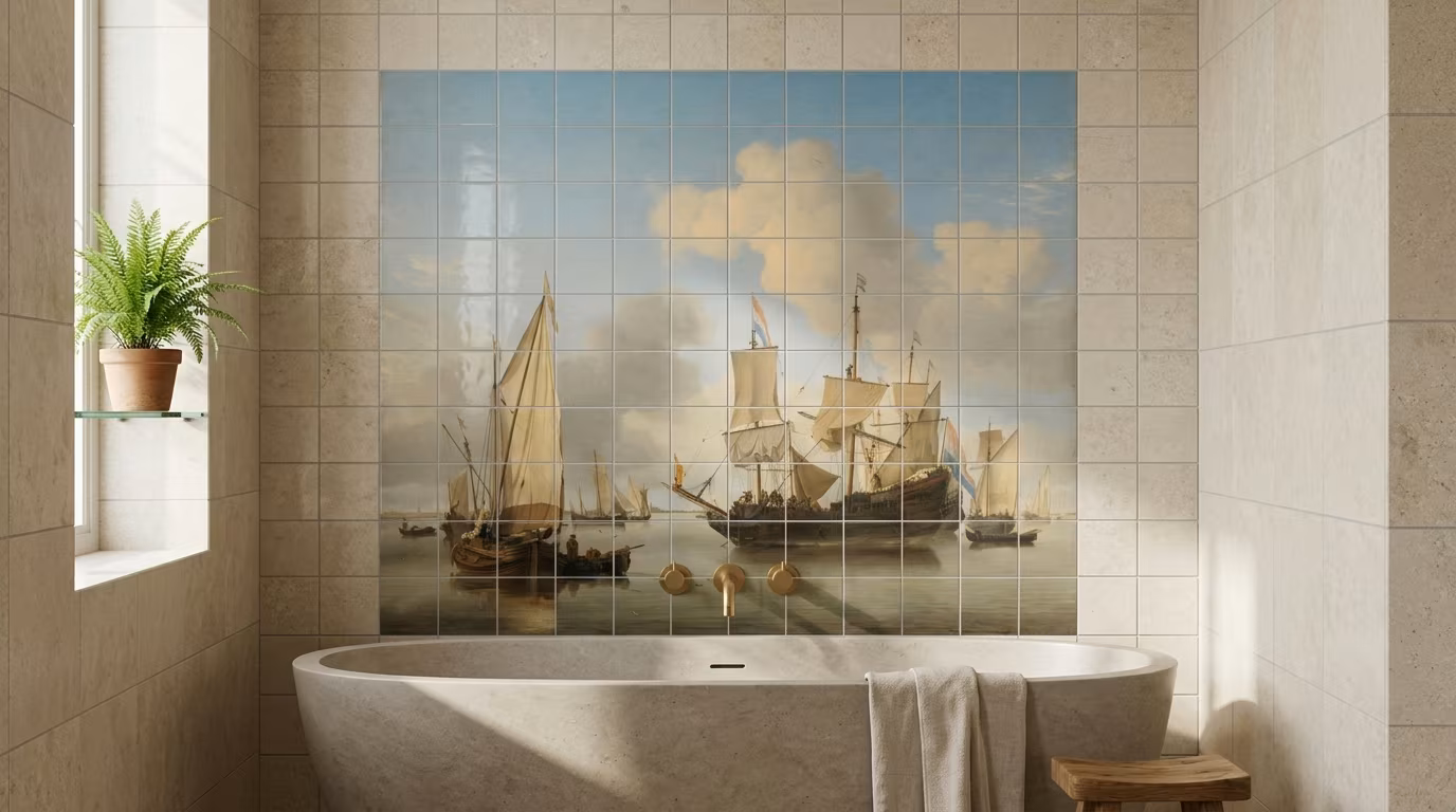 Ships at Anchor on the Coast (c. 1660) by Willem van de Velde II tile mural