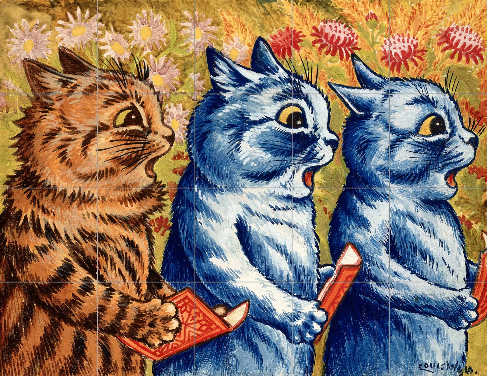 Ceramic tile mural of Three cats singing. Gouache by Louis Wain
