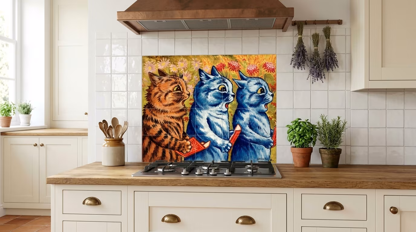 Three cats singing. Gouache by Louis Wain, 1925/1939 - Tile Mural - Image 2