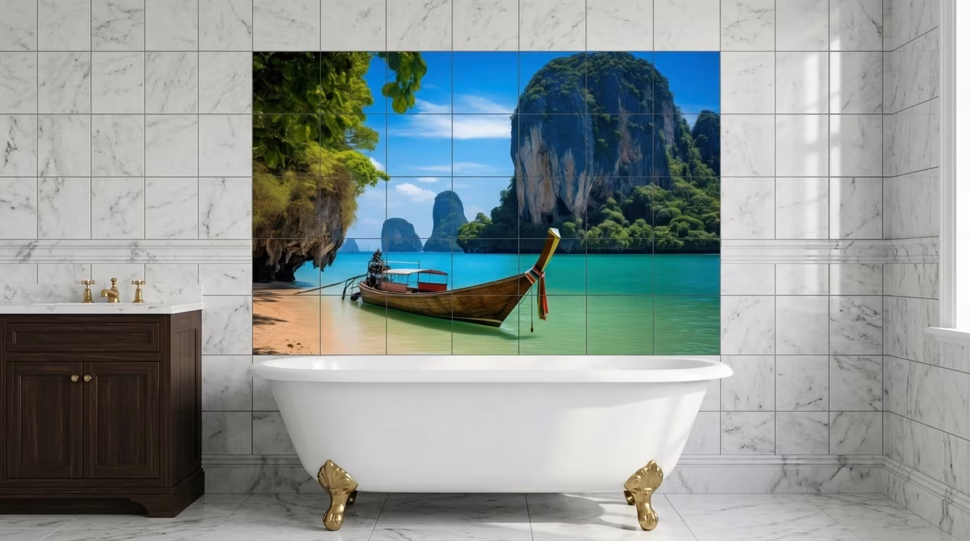 Railay Beach in Krabi water beach boat tile mural shown in a room setting