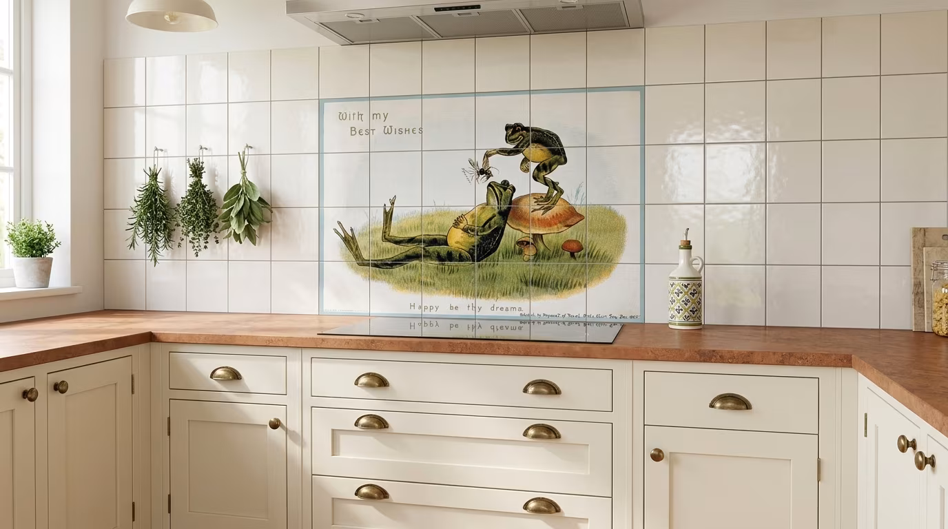A frog standing on a mushroom feeding a wasp to a sleeping frog underneath him. Colour lithograph after E.M - Tile Mural - Image 2