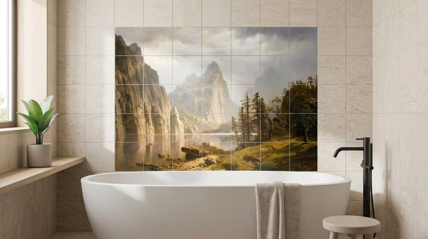 Merced River, Yosemite Valley tile mural shown in a room setting