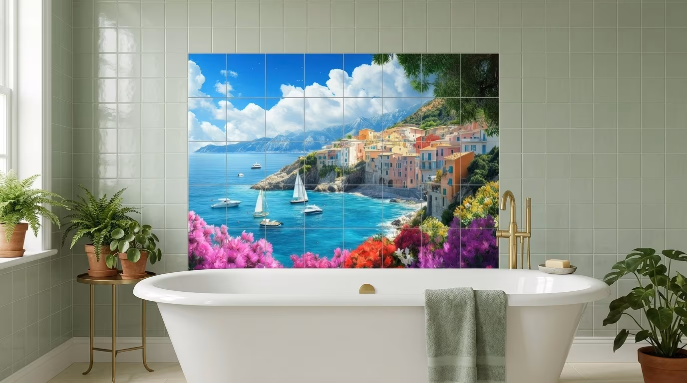 Summer boats mediterranean cliffside - Tile Mural - Image 2