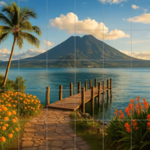 Ceramic tile mural of Tropical paradise with mountain view