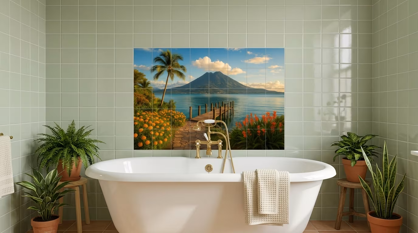 Tropical paradise with mountain view tile mural shown in a room setting