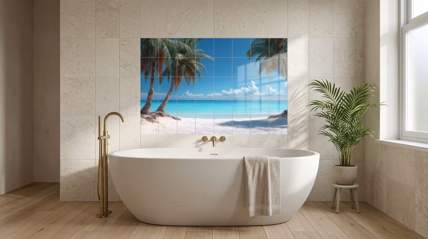 Tropical beach scene with palm trees, white sand, and turquoise water - Tile Mural - Image 2
