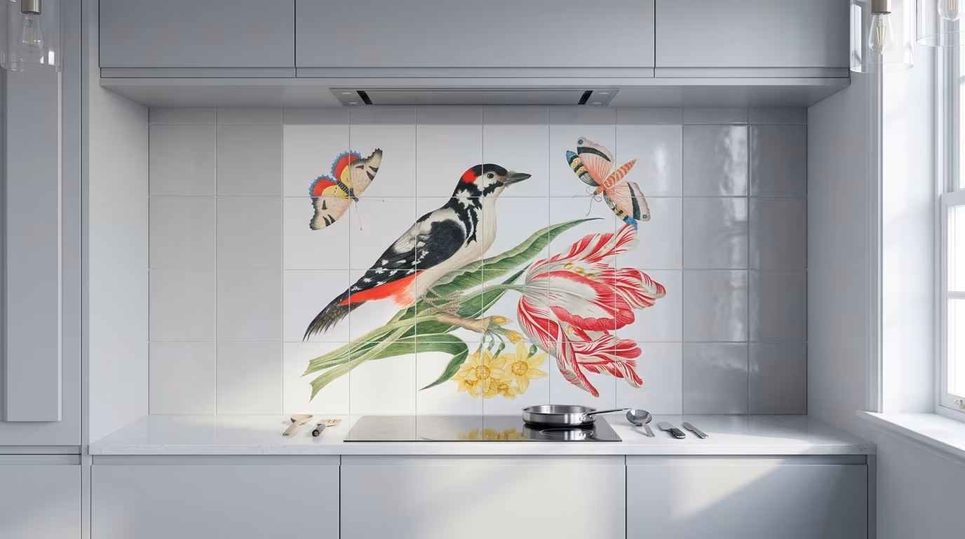 Vintage bird and flowers vector illustration, remixed from the 18th-century artworks from the Smithsonian archive tile mural.