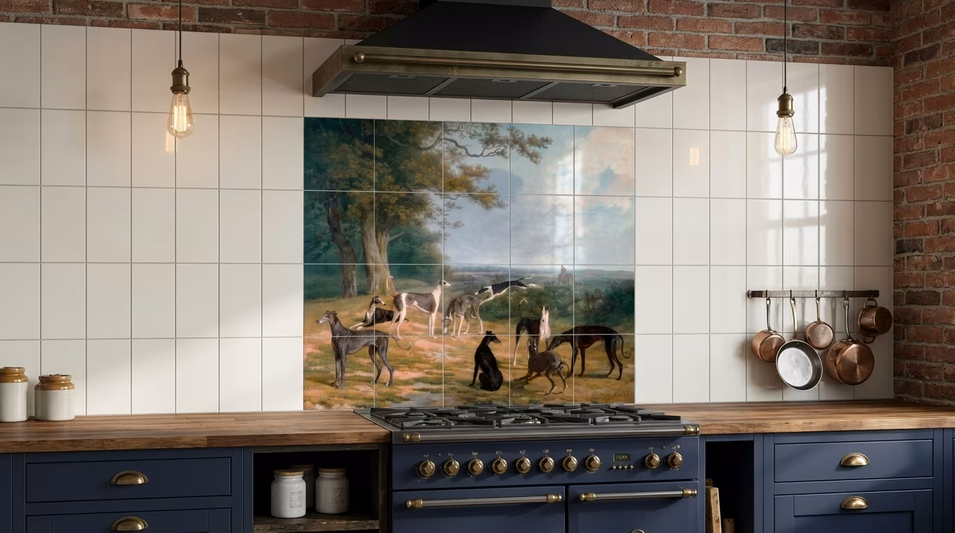 Nine Greyhounds in a Landscape (ca. 1807) painting in high resolution by Jacques–Laurent Agasse - Tile Mural - Image 2