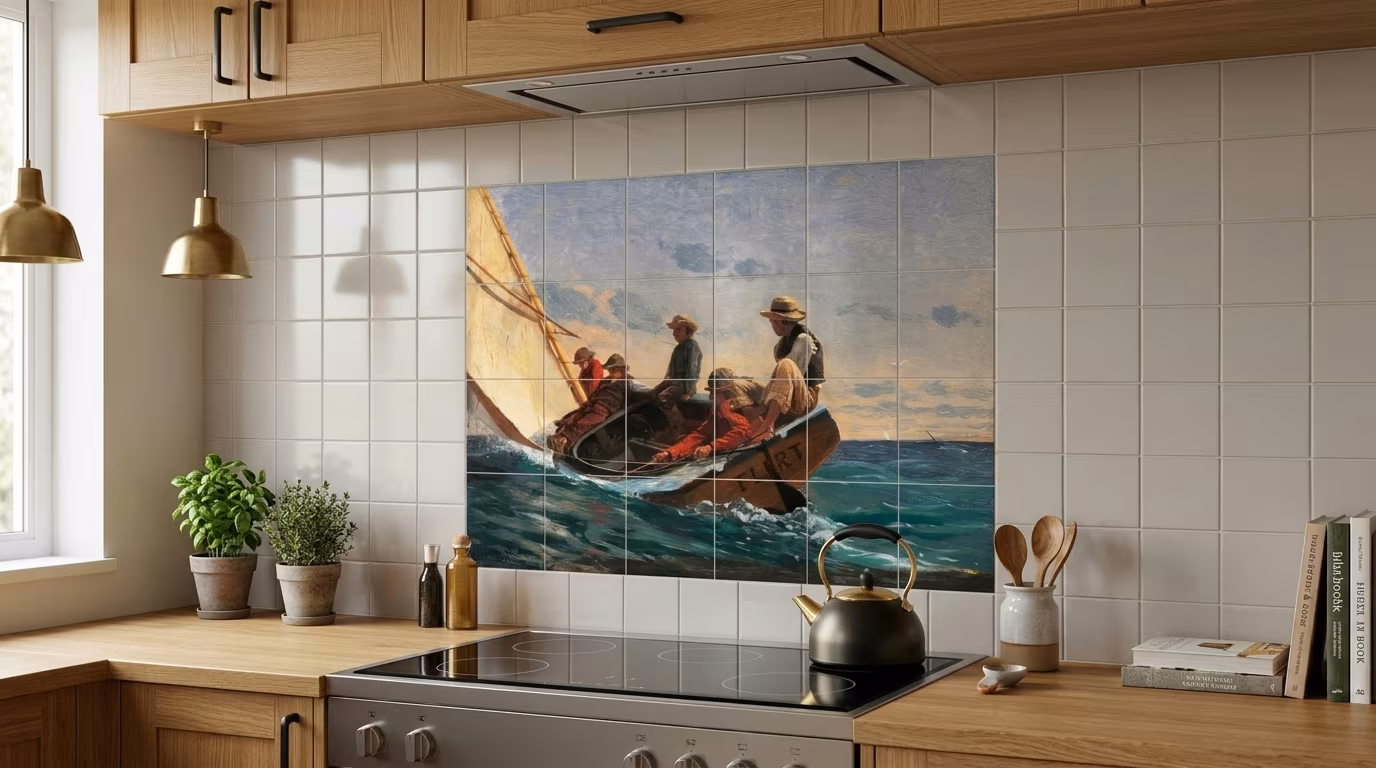 The Flirt tile mural shown in a room setting