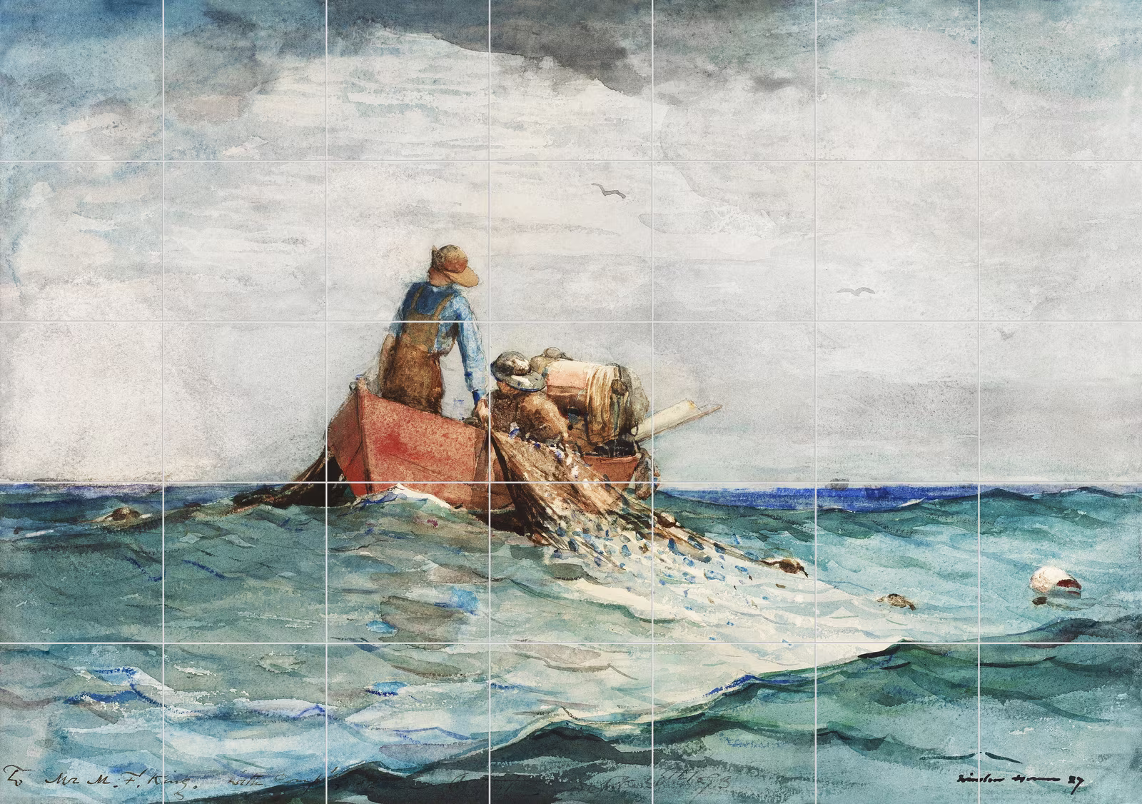 Ceramic tile mural of Hauling in the Nets by Winslow Homer