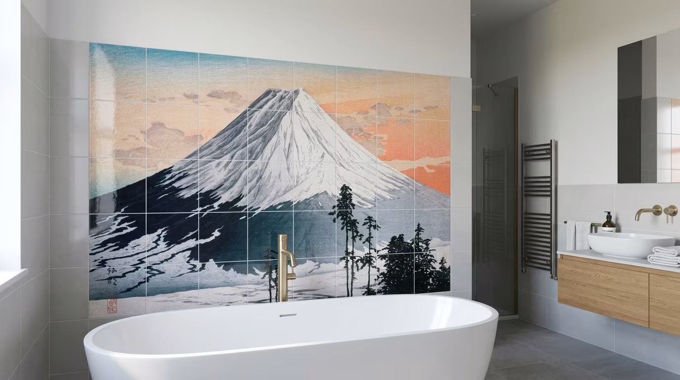 Katsuyama Neighborhood tile mural shown in a room setting