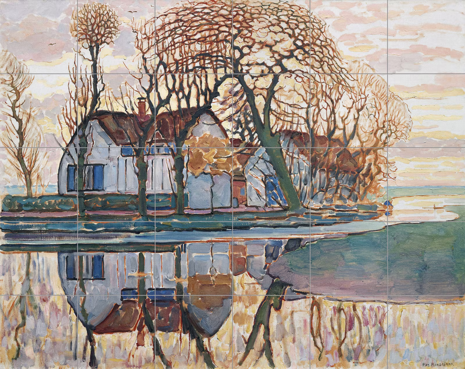 Ceramic tile mural of Farm near Duivendrecht by Piet Mondrian