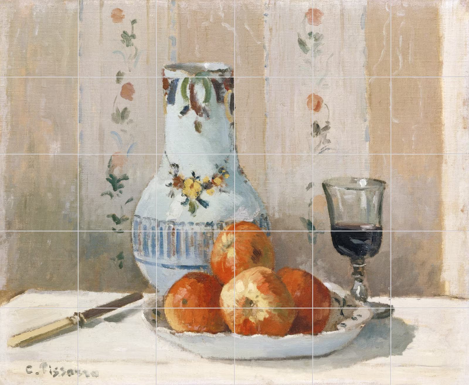 Ceramic tile mural of Still Life with Apples and Pitcher by Camille Pissarro