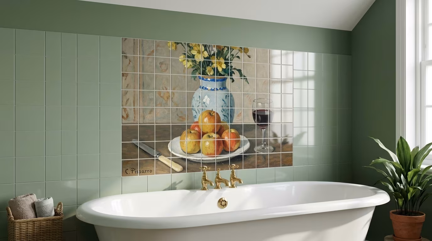 Still Life with Apples and Pitcher tile mural shown in a room setting