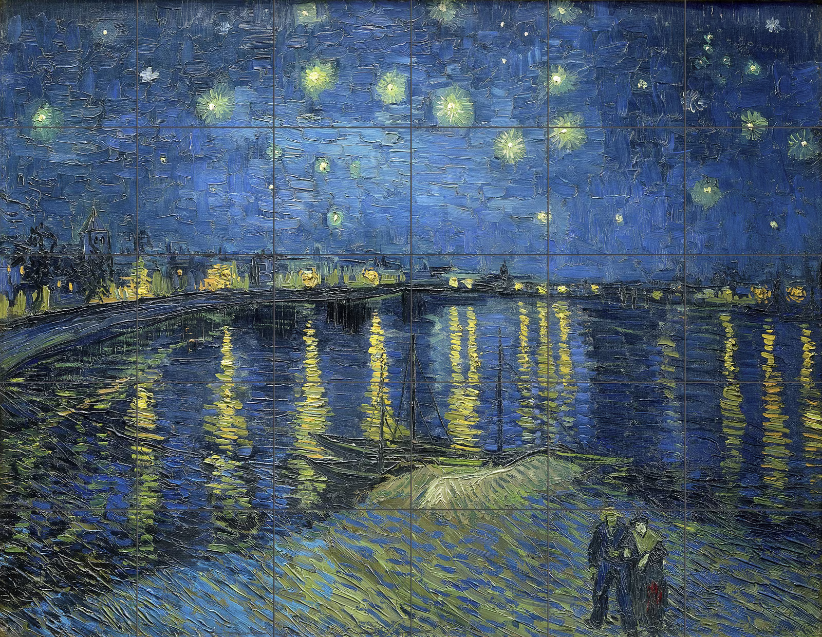 Ceramic tile mural of Vincent van Gogh's Starry Night Over the Rhone famous landscape painting