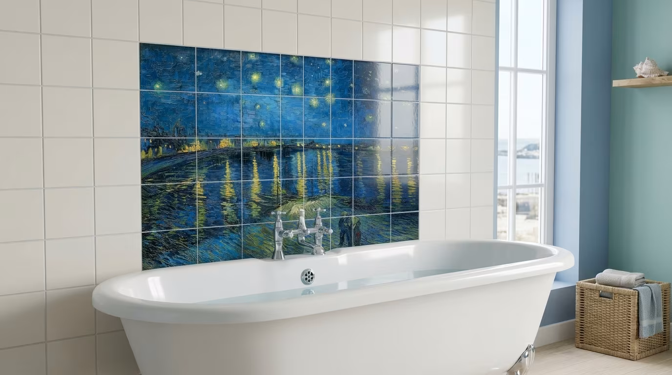 Vincent van Gogh's Starry Night Over the Rhone famous landscape painting tile mural shown in a room setting