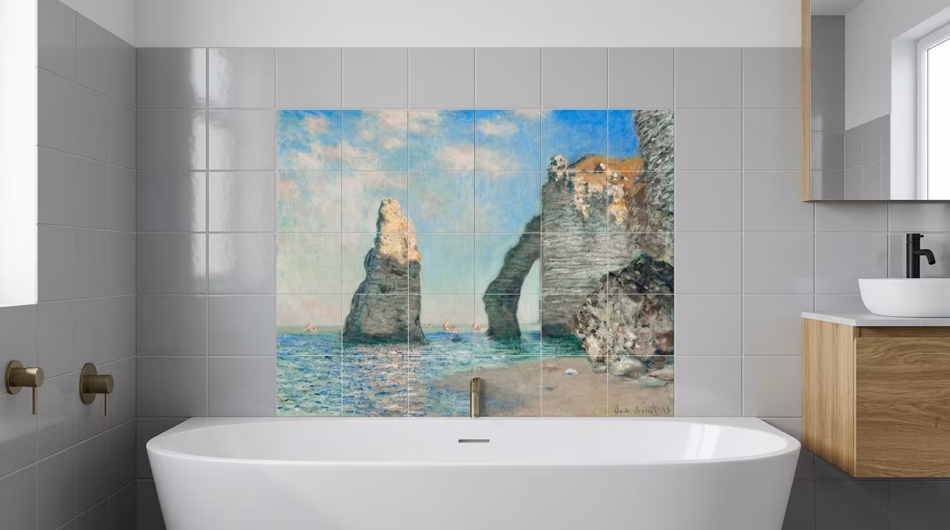 Claude Monet's The Cliffs at Étretat famous painting tile mural shown in a room setting