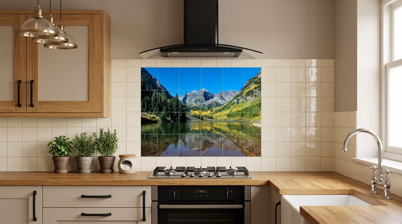 Autumnal view of Rocky Mountain peaks called the Maroon Bells, between Pitkin County and Gunnison County, Colorado - Tile Mural - Image 2