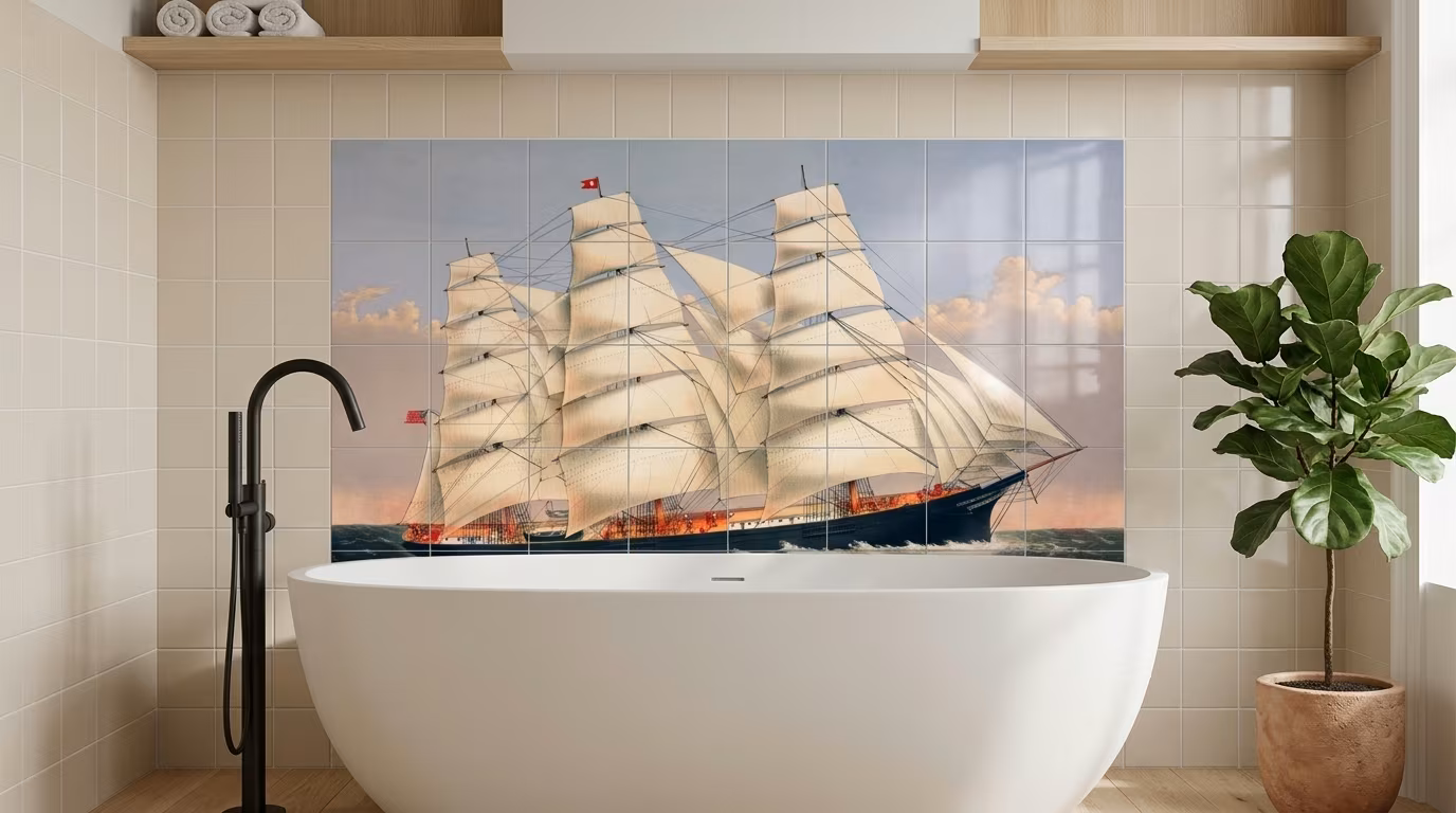 Clipper Ship Three Brothers, the largest sailing ship in the world published tile mural shown in a room setting
