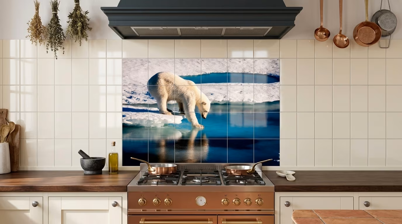 Polar bear at the Arctic tile mural shown in a room setting