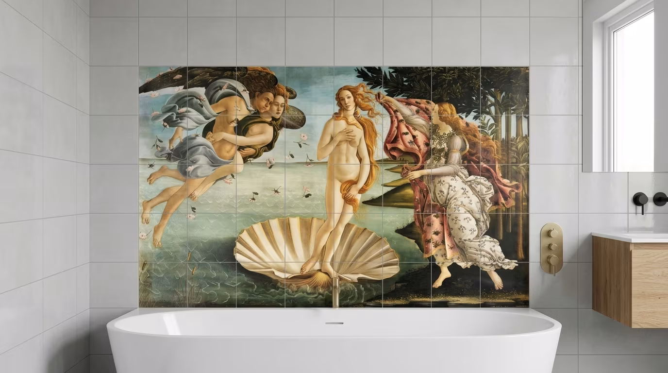 Sandro Botticelli's The Birth of Venus aesthetic painting tile mural shown in a room setting