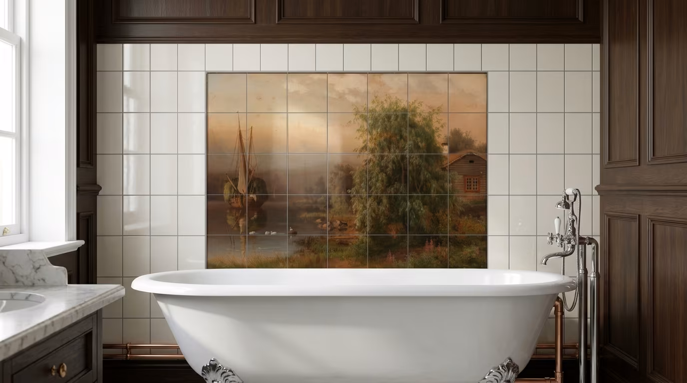Landscape in morning fog, 1864 tile mural shown in a room setting