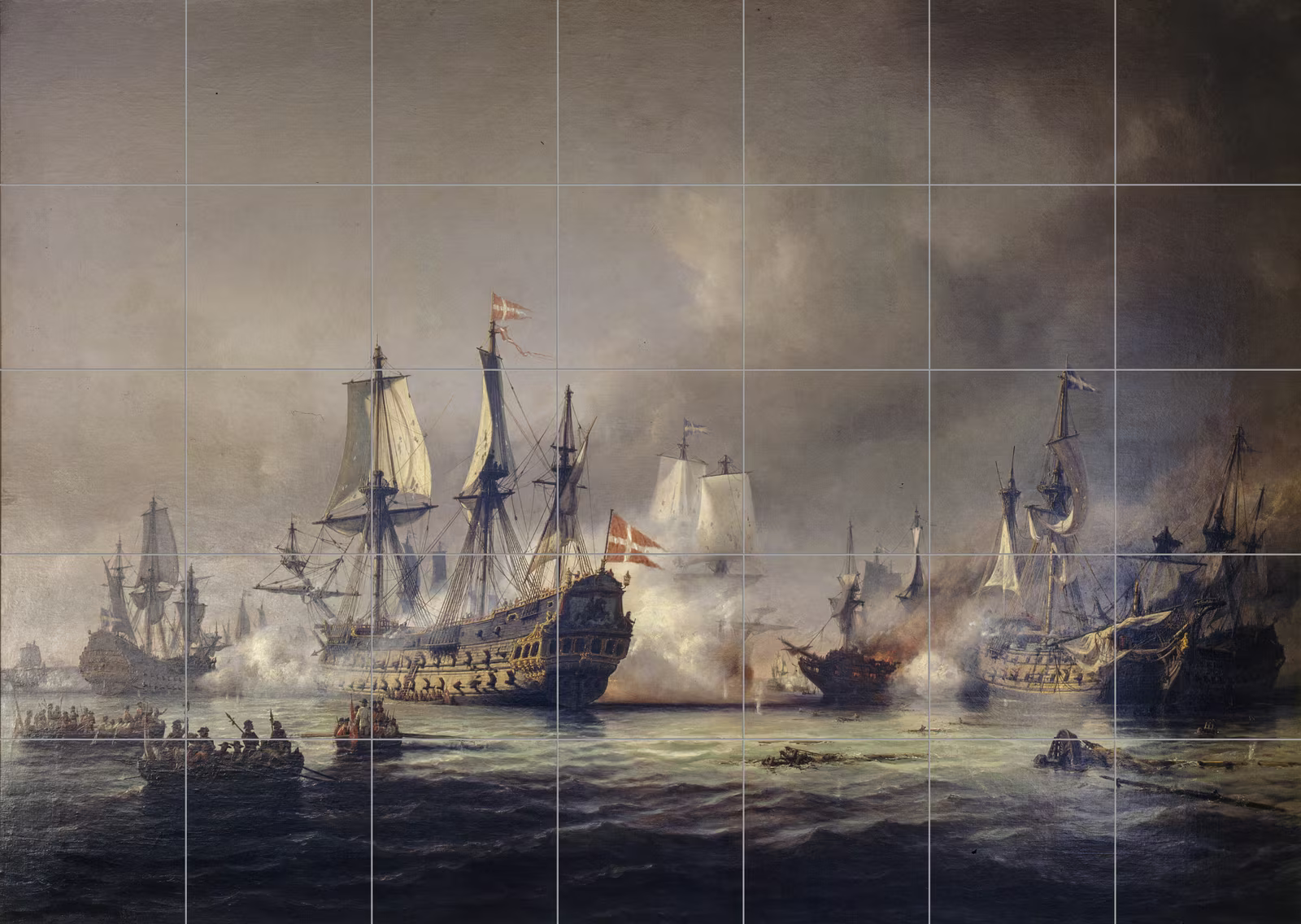 Ceramic tile mural of An episode of the naval battle in Køge Bugt 1677 by Anton Melbye
