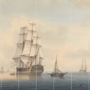 Ceramic tile mural of A Warship Preparing to Leave the Anchorage