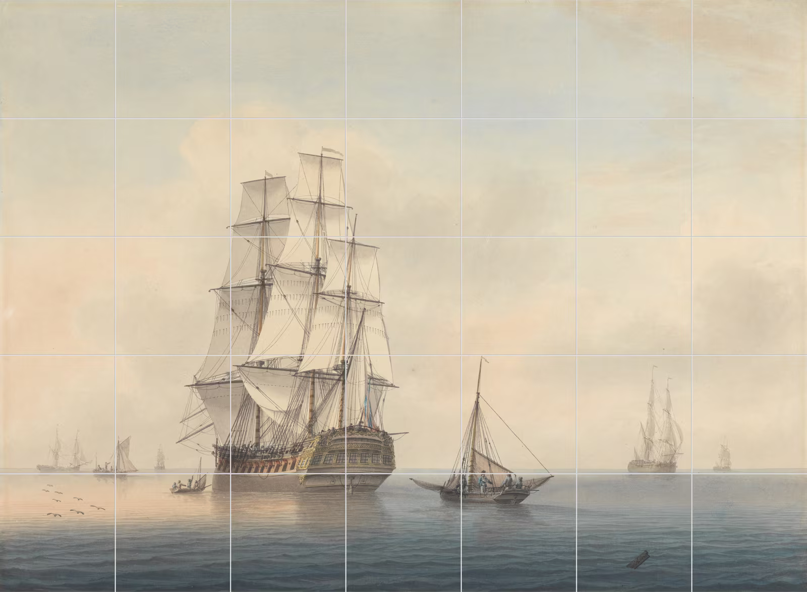 Ceramic tile mural of A Warship Preparing to Leave the Anchorage