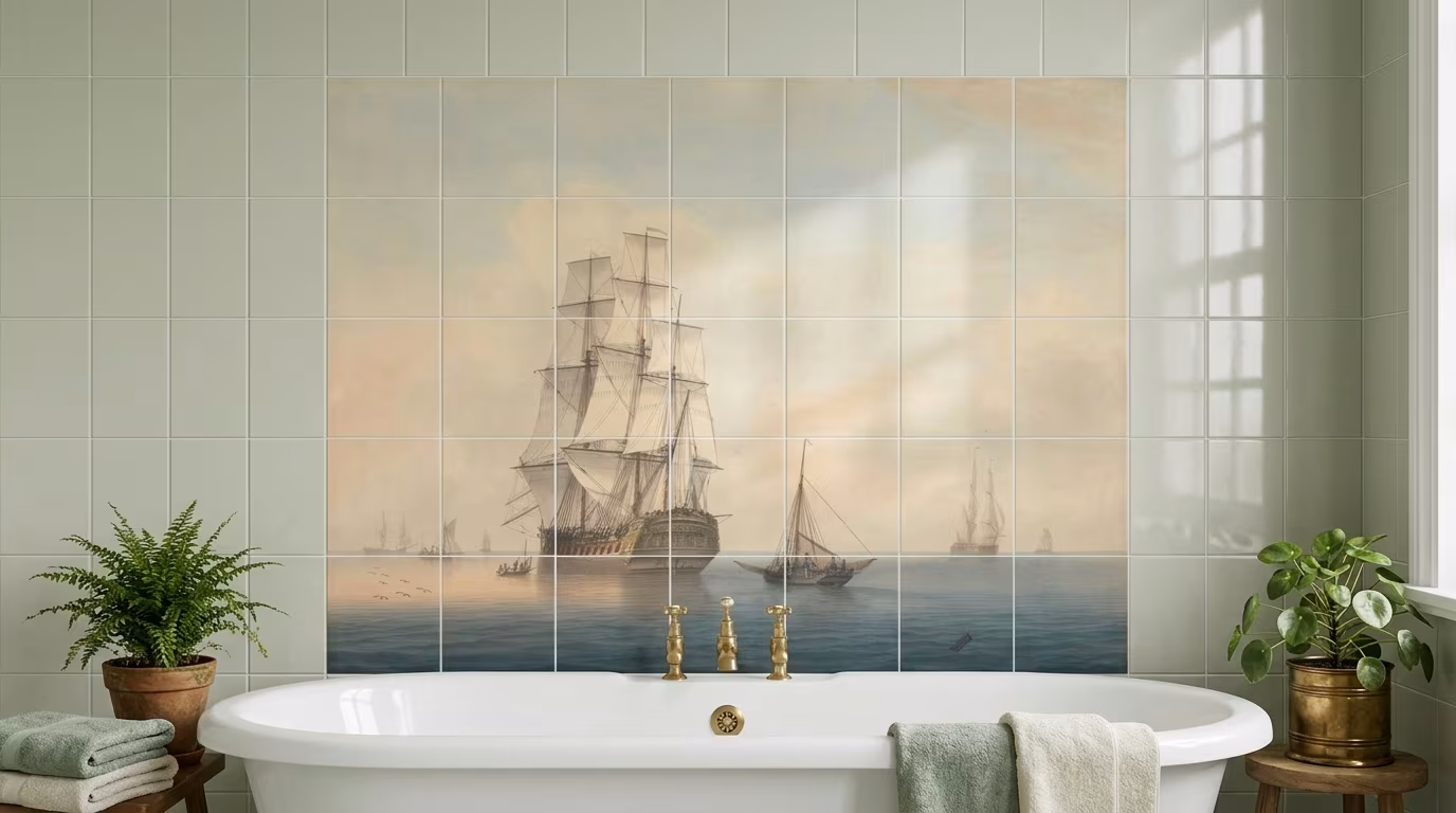 A Warship Preparing to Leave the Anchorage tile mural shown in a room setting