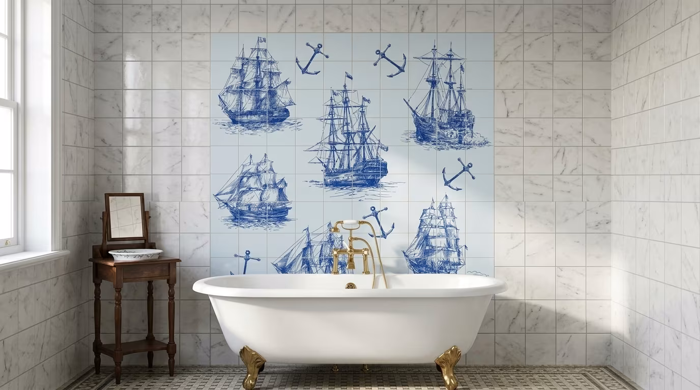 Nautical Ship and Anchor Pattern - Tile Mural - Image 2