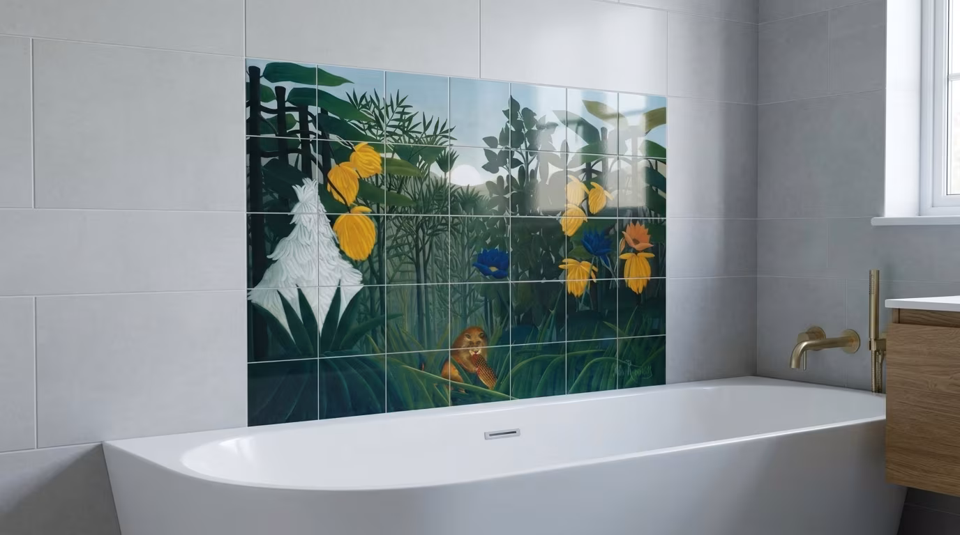 Post Impressionism Artwork Henri Rousseau tile mural shown in a room setting