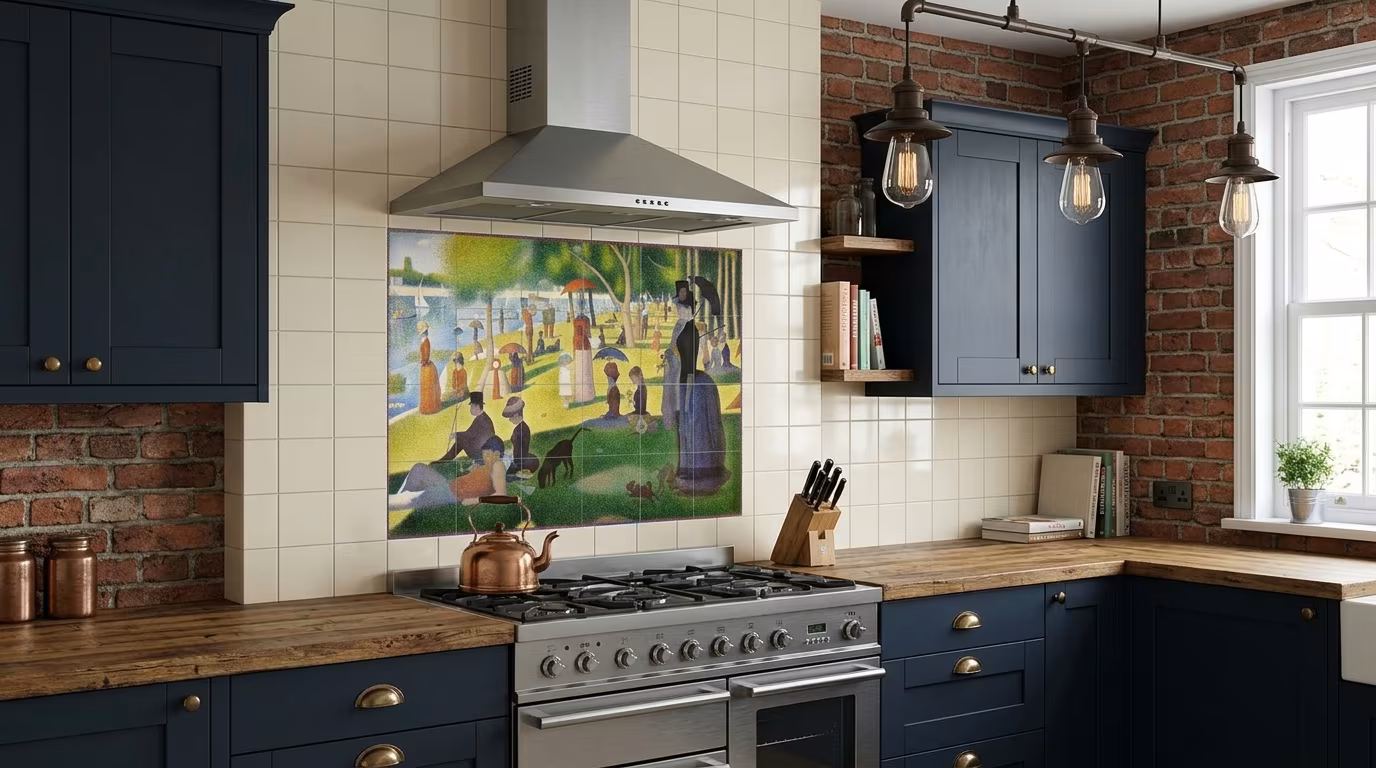 Sunday Grande Jatte Georges Seurat tile mural shown in a room setting