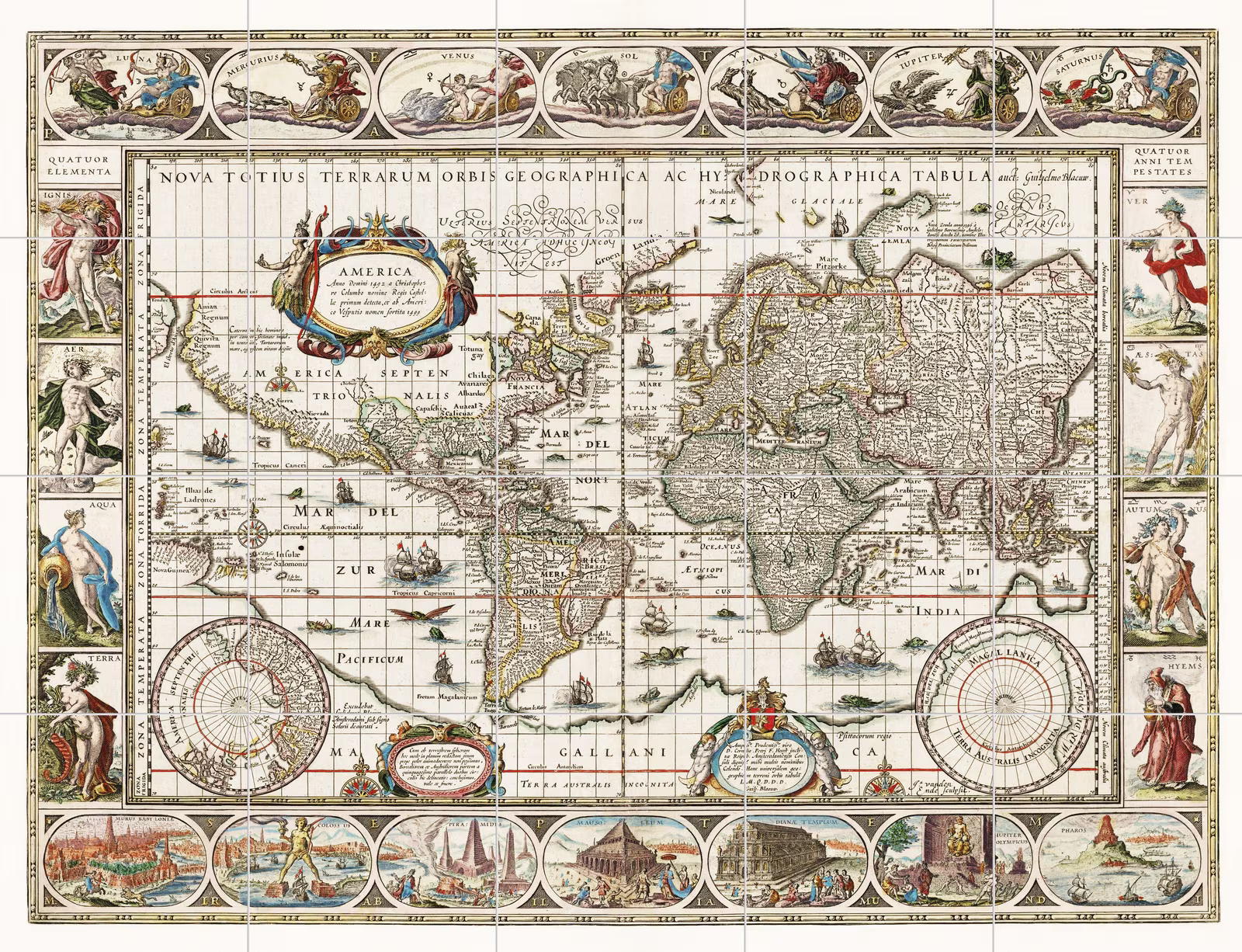 Ceramic tile mural of Nova totius terrarum orbis geographica ac hydrographica tabula by Jan Aertse van den Ende