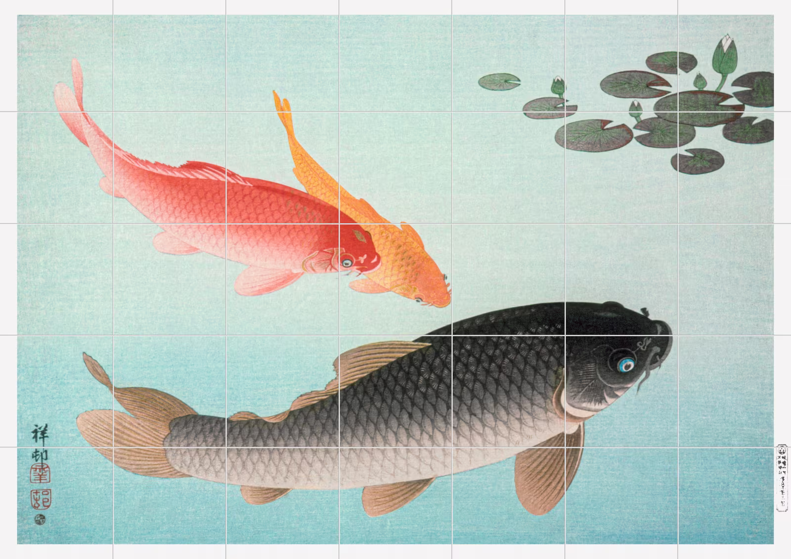 Ceramic tile mural of Common and Golden Carp by Ohara Koson