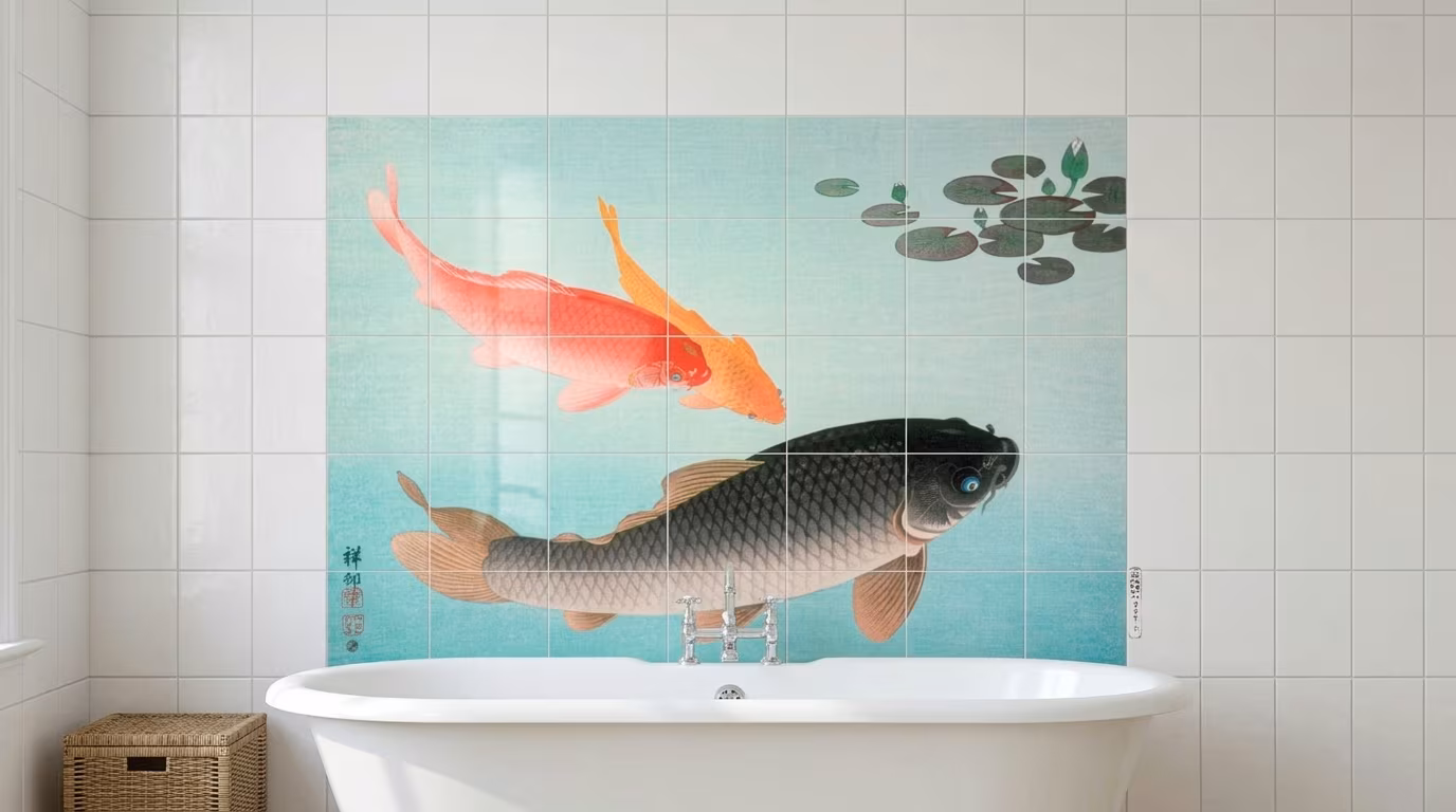 Common and Golden Carp tile mural shown in a room setting