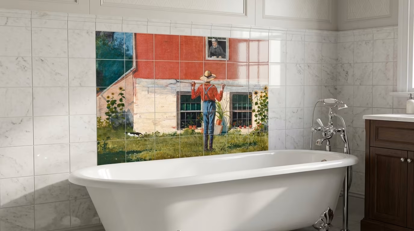 In the Garden tile mural shown in a room setting
