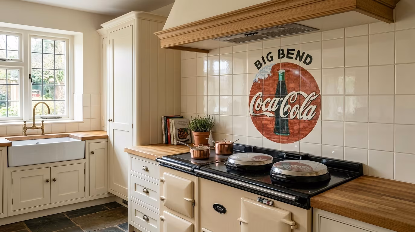 An old company sign appears on the wall of a Coca-Cola bottling plant outside Alpine, Texas tile mural shown in a room.
