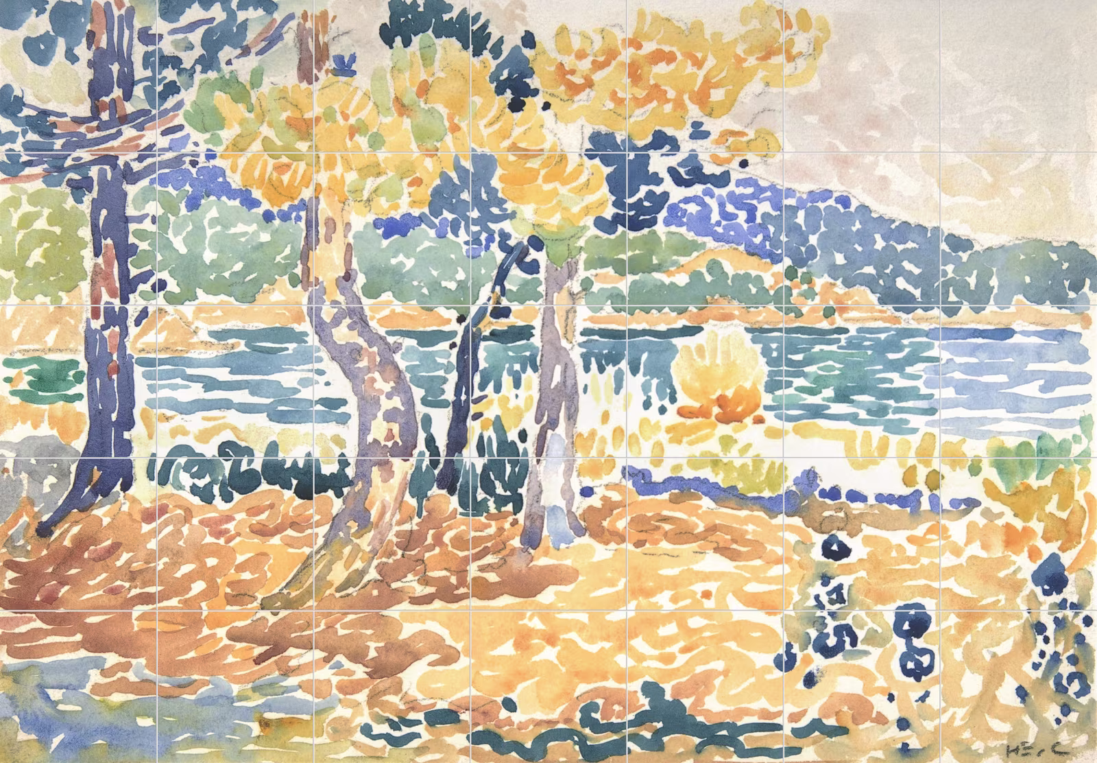 Ceramic tile mural of Pines on the Coastline by Henri-Edmond Cross